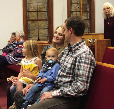 Members of various denominations from across Collingsworth County, including Fraya Hammons and Anne Langford, Darcy and Justin Baker and their children, and Beth Motsenbocker, attend the Nov. 19 community Thanksgiving service, hosted by the Wellington Church of the Nazarene congregation. The Red River Sun/Bev Odom