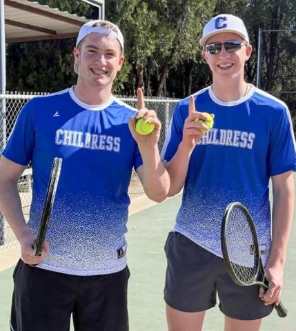 Childress’ Cutter and Sterling Bruce are the boys’ doubles’ champions at the recent Vernon Tennis Tournament Thursday, Feb. 26 at the Hillcrest Community Center. Childress Bobcat Boosters