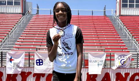 Texas Panhandle Track and Field Club’s Aija Johnson brings home four gold medals during the Perryton Prime Time Track and Field meet Saturday, June 7 at Ranger Stadium in Perryton, winning the 100 meters, 200 meters, 80-meter hurdles and long jump. Texas Panhandle Track and Field Club