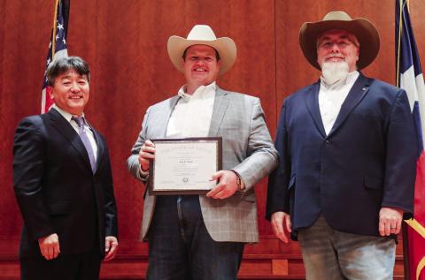 City Administrator of Memphis Jack Owens is awarded the designation of Certified Public Manager (CPM) through the Texas Tech University Department of Political Science, CPM Cohort, at a statewide commencement ceremony Friday, Dec. 5 at the Texas State Capitol in Austin. From left: Dr. Sung-Wook Kwon, Professor and Director of Center for Public Service, Department of Political Science at Texas Tech University; Owens; James Earp, event keynote speaker and City Manager of Hutto. Courtesy Photo