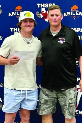 Childress senior powerlifter Reid Felton, left, is awarded the Texas High School Powerlifting Association (THSPA) Region 1 Division 3 Scholarship at the recent THSPA State Championship Friday, March 24 in Abilene. Courtesy Photo