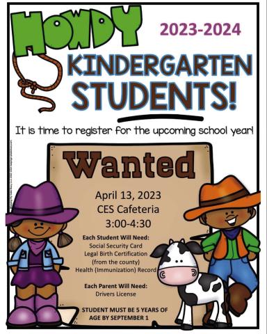 Childress Elementary School will host its annual Kindergarten Round-Up from 3-4 p.m. Thursday, April 13 in the Childress Elementary School Cafeteria. To register, the student’s social security card, birth certificate and immunization record will need to be provided, as well as the parent’s driver license. Students must be five years of age by Sept. 1. Graphic Courtesy of Childress Elementary School
