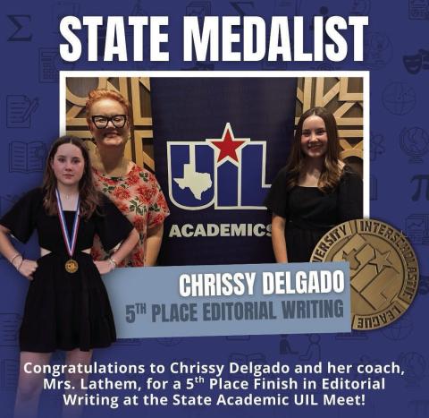 Childress High School senior Chrissy Delgado takes a fifthplace finish in Editorial Writing at the UIL Academic State Meet Tuesday, May 20 at the University of Texas-Austin. Delgado is coached by Hannah Lathem. Childress High School Bobcats