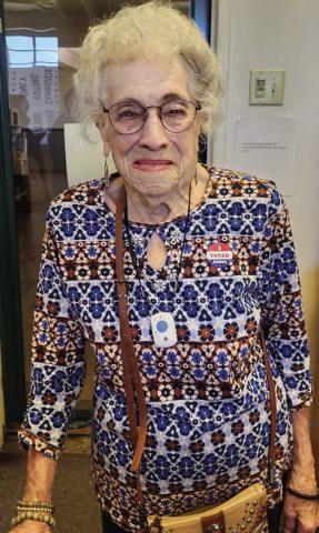 Encouraging everyone to vote, 100-year-old June Harrison casts an early ballot Saturday, Oct. 26 at the Childress County Courthouse Law Library. Voters who didn’t cast early ballots can vote from 7 a.m.-7 p.m. Tuesday, Nov. 5 on Election Day. Courtesy Photo