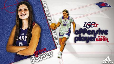 Lubbock Christian University Lady Chaparral Grace Foster, a 2021 Childress High School graduate, is recognized by the Lone Star Conference as the Women’s Basketball Offensive Player of the Week. Graphic Courtesy of Lubbock Christian University