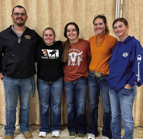 The Memphis Future Farmers of America (FFA) Public Relations Team, including Anslie Montgomery, Kali Murphy, Chloie O’Neal and Emma Talley, along with Memphis FFA Sponsor Christian Brooks, present their program Wednesday, Oct. 11 at the Memphis Lions Club luncheon. The team will compete in the District FFA Contest Monday, Nov. 6 in Memphis. From left: Brooks, O’Neal, Murphy, Talley and Montgomery. Courtesy Photo