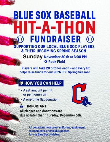 The Childress Blue Sox Baseball team will host a Hit-A-Thon fundraiser at 3 p.m. Sunday, Nov. 30 at Rock Field in Childress. Supporting the local Blue Sox players during the upcoming spring season, players will take 20 pitches each, with each hit helping raise funds. Donors will set an amount per hit or per home run, with donations due by Thursday, Dec. 5. Donors can also provide a one-time flat donation. Proceeds will help cover uniform, equipment, tournament and field expenses. Childress Blue Sox Baseball