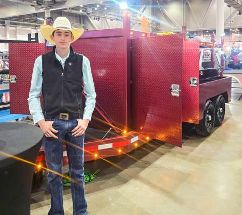 Childress’ Tripp Tippett shows a custom welding trailer at the Houston Livestock Show and Rodeo’s Agriculture Mechanics Contest, earning a first-place class finish, as well as the Division 4 Reserve Championship.