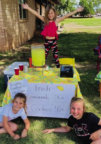Young entrepreneurs Jenna Faulks and Rafe Barlow, with Adeline Faulks as the cheerleader, operate a lemonade stand during the Saturday, June 1 Wellington Citywide Yard Sale event, selling out and raising $1,772 for the restoration of Ellison Park. The youth and their families appreciate everyone who stopped by to chat and donate. Courtesy Photo