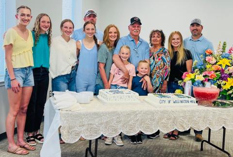 In observance of Arnie Ingram’s 45.5 years of service to the City of Wellington, his family gathers with him at the reception in his honor from noon-2 p.m. Friday, June 20 in the Club Room of the Bura Handley Community Center. From left: Kyla, Kaesyn, Presley, Taytum, Lance and Deidre Kane, Perrie and Quaid Reyna, Arnie and Janee Ingram, Shari and Matthew Reyna. Courtesy Photo