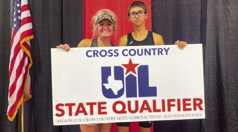 Ryder Robison, pictured with Coach Michelle Branigan, finishes fifth with a time of 17:27.9 at the UIL 2A Region I Cross Country Championship Monday, Oct. 24 at Mae Simmons Park in Lubbock. Photo Courtesy of Memphis ISD