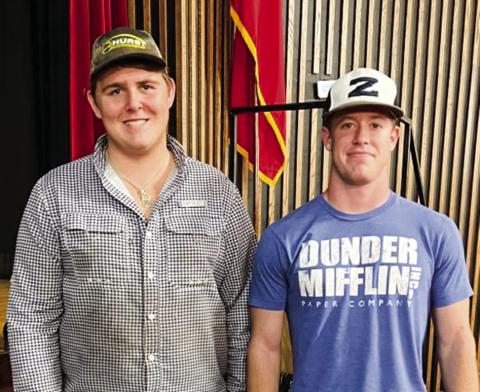 Wellington High School (WHS) seniors Hunter Stark, left, and Barret Phillips claim scholarships, which were drawn at random during the recent Financial Aid Night for the Class of 2023 and their parents at the WHS auditorium. Courtesy Photo