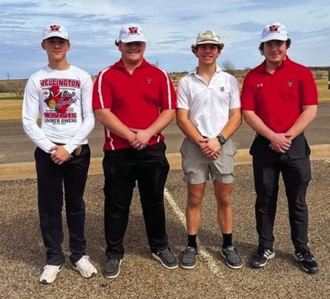 The Wellington Skyrocket golf team competed at the Childress Invitational, hosted at Stoney Ridge Golf Course,Tuesday, Feb. 21. Individually, last year’s state qualifier, senior Caleb Weinette, finished in first place, while Blake Strickland finished in fifth place. From left: Travis Tillman, B. Strickland, Weinette, Caleb Strickland. Not pictured: Coach Klark Ashmore. Courtesy Photo