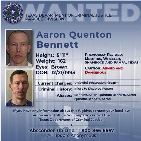 Following a search by the Texas Department of Criminal Justice Parole Division, Aaron Quenton Bennett, 31, turned himself into the Childress County Sheriff’s Office. Texas Department of Criminal Justice