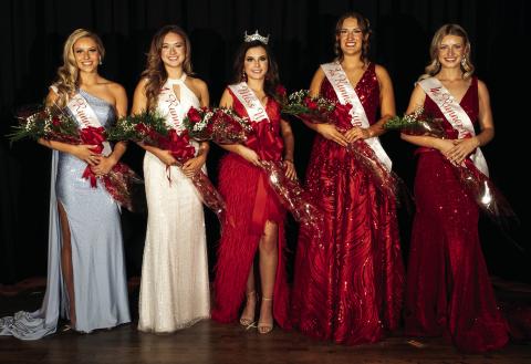 Wellington High School junior Mallory O’Rear, center, takes the queen title of the 2023 Miss Wellington Scholarship Pageant Sunday afternoon, Oct. 1 on the stage of the historic Ritz Theatre. From left: third runner-up Harlee Gomez, first runner-up Madeleine Kane, O’Rear, second runner-up Audrey Jones, fourth runner-up Summer Neufeld. For additional photos, page 8A. Statham Photography