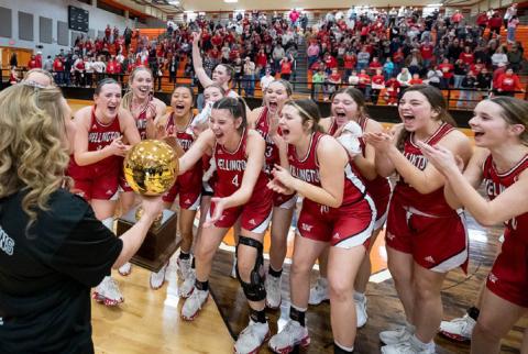 The Wellington Lady Rockets celebrate with the Class 2 area round gold ball after beating Panhandle 41-38 on Friday night, Feb. 16 at the Caprock Activity Center. Press Pass Sports/Joe Garcia III
