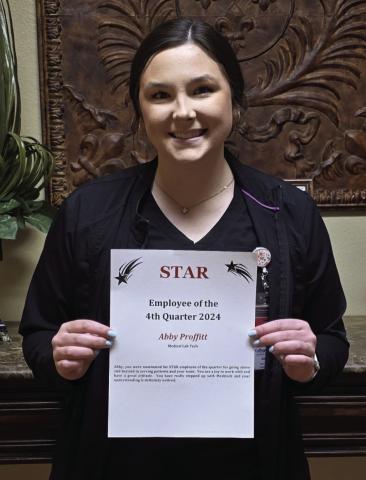 As a medical lab tech at Collingsworth General Hospital, Abby Proffitt not only draws labs and runs tests with a great attitude but is a joy to work with and understands the new Meditech computer system, reasons for which she earned the 2024 fourth quarter STAR award. Photo Courtesy of Collingsworth General Hospital
