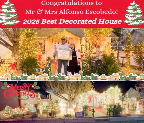 The Collingsworth County Chamber of Commerce congratulates Alfonso and Linda Escobedo for being the 2025 Best Decorated House. Located in the 900 block of Dalhart St., take some time to drive by to view the light display and enjoy the faint Christmas music. Collingsworth County Chamber of Commerce