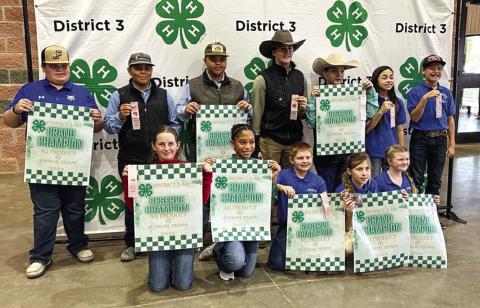 Childress County 4-Hers compete at the 2024-2025 Rolling Plains District 3 Ag Product ID and Livestock Skill-A-Thon Thursday, Dec. 5 at the Young County Arena in Graham. Back row, from left: Jaxon Foley, Bryson Session, Blaze Session, Slade Chapman, Kade Haga, Esme Estrada, Kole Eikman. Front row, from left: Olivia Wyatt, Brantly Session, Daniel Rister, Gracie Eikman, Hannah Parker. Courtesy Photos