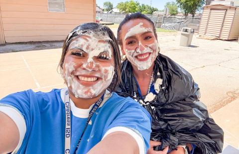 Childress Elementary School students cash in their classroom bucks — earned through an incentivized behavioral award system — to pie their teachers, Samantha Juarez and Lauren Reed, Monday, May 11. CHILDRESS ELEMENTARY SCHOOL