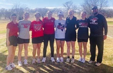 Coached by Klark Ashmore, the Wellington Lady Rocket golf team finished third at Memphis Invitational, held at the Memphis Country Club, Monday, Feb. 27. Individually, junior Briley Waters medaled fifth place. From left, Summer Neufeld, Kaitlin Bawcom, Brynlee Proffitt, Waters, Emma Flores, Shaylee Neeley, Kendra Bawcom, Ashmore. Courtesy Photo