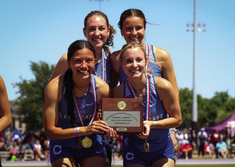 The 800-meter relay team of Clarissa Gamboa, Chloe Churchill, Kate Taylor and Chloe Carroll break the previously held 1998 school record with a first-place time of 1:43.55 at the Region 1-3A Track and Field Championships at Abilene Christian University. Back row, from left: Carroll, Churchill. Front row, from left: Gamboa, Taylor. Through the Lens of Liz/Elizabeth Oronia