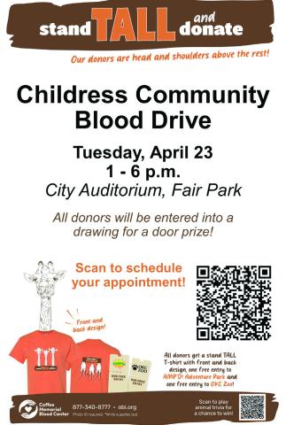 ‘Stand tall and donate’at the upcoming Childress Community Blood Drive