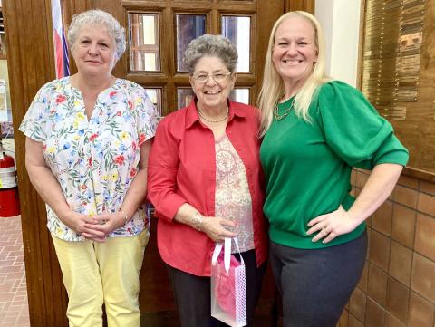 Modern Home Club hostesses Diane Clifton, center, and Millie Spencer, left, welcome guest speaker Andrea Grayson Holter, a Director of Food Safety and Quality Assurance at John Soules Foods, Thursday, April 16 at the Childress County Heritage Museum. COURTESY PHOTO