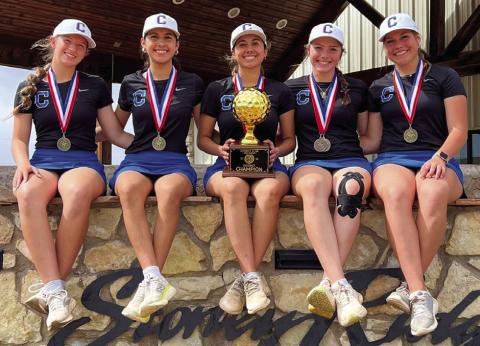 For the fourth consecutive year, the Childress Lady Cats take the district championship, qualifying for regionals, Monday, April 1 at Stoney Ridge Golf Course in Childress, thanks to individual placements by Isabella Jurado, second, and Colee Cox, third. From left: Joshlynn Roark, Olivia Jurado, Isabella Jurado, Colee Cox and Emma Jalomo. The Regional Invitational will be held Wednesday, April 17-Thursday, April 18 at Shady Oaks Golf Course in Baird. Courtesy Photo