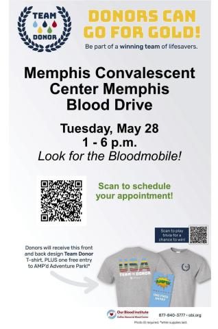 Be part of a winning team at Coffee Memorial Blood Center’s Memphis Community Blood Drive from 1-6 p.m. Tuesday, May 28 at Memphis Convalescent Center. Donors will receive a “Team Donor” T-shirt, plus one free entry to AMP’d Adventure Park. To make an appointment, call 877-- 340-8777, visit obi.org or scan the QR code above. Photo identification is required to donate. Donors must be at least 17 years old or 16 years old with signed parental consent. Graphic Courtesy of Coffee Memorial Blood Center