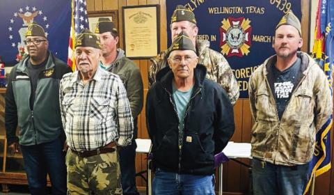Recently elected officers of the Glynn Moore VFW Post 6439 recite their oath of office. Front row, from left: Two-Year Trustee Adam Sosa, Service Officer Lee W. Lacy. Second row, from left: Commander Rodney Bishop, Senior Vice Commander Johnny D. Davis, Junior Vice Commander Michael L. Stanley, One-Year Trustee Danny J. Sain. VFW Post 6439