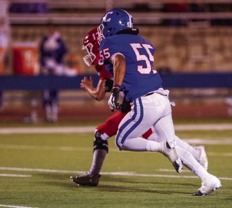 Childress’ Isaac Salinas (55) runs down Friona ballcarrier Jose Saucedo (13) during the Bobcats’ 45-7 sweep over the Chieftains last Friday, Nov. 4 at Fair Park Stadium. The Red River Sun/Nicole Dill