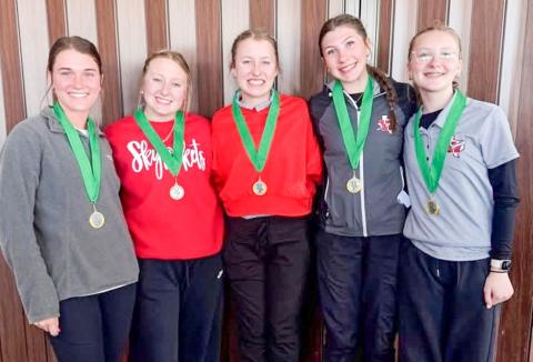 The Lady Rocket golf team garners second place at the Amarillo Highland Park Invitational on Monday, Feb. 23 where Allie Duncan finished as a top three individual. From left: Maggie Tillman, Duncan, Elli Ouellette, Anna Dwyer, Hartley Kane. Wellington High School