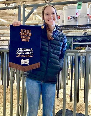 Memphis High School senior Emma Talley recently competed at the Arizona National Livestock Show, held Thursday, Dec. 28-Sunday, Dec. 31 at the Arizona State Fairgrounds, earning Reserve Champion Berkshire Barrow. Courtesy Photo