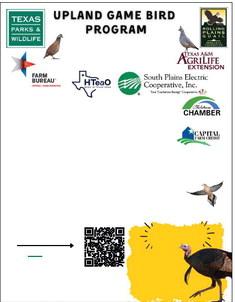Texas Parks and Wildlife Department will host an Upland Game Bird Program from 8:30 a.m.-4 p.m. Friday, Oct. 17 at Fair Park City Auditorium, 100 Fair Park Dr., in Childress. Texas Parks and Wildlife Department