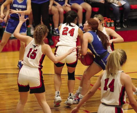 Childress’ Chloe Teichelman attempts to go up for a score during the Lady Cats’ 45-34 loss to Shallowater Friday, Feb. 3. Photo by Elizabeth Oronia