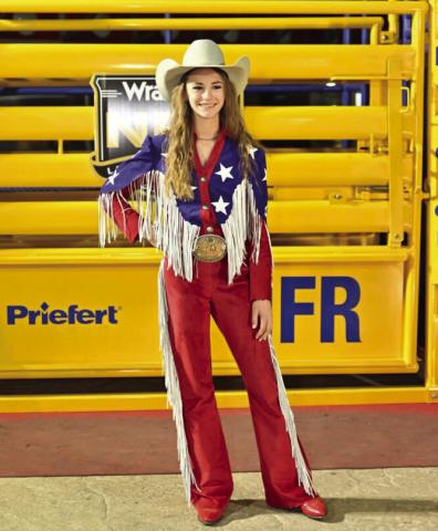 Childress’ Selah Smith, a 2024 Wrangler National Finals Rodeo (NFR) National Anthem Contest winner, performed Tuesday, Dec. 10 at the Thomas and Mack Center in Las Vegas, Nev. Photo by Kellie Carr-Augustyn