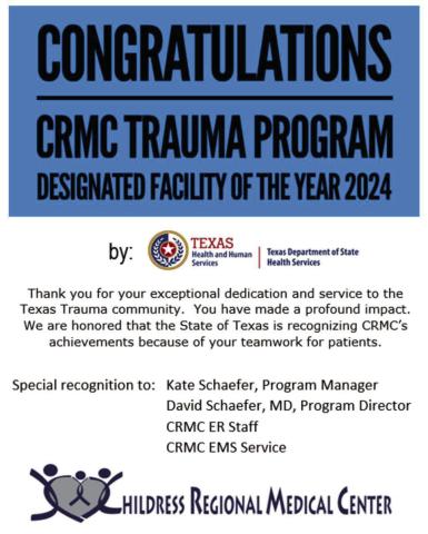 CRMC Trauma Program selected as Texas DSHS Designated Facility of the Year