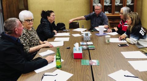 Wellington’s Ellison Park Renovation Project Working Group met at 5 p.m. Wednesday, Jan. 15 at the Methodist Church to discuss a plan of action as the Texas Parks and Wildlife Department matching grant has been denied. From left: Jeff Thomas, Nancy Harris, Margret Wood, Neal Odom, Lisa Manuel, Karen Caldwell. The Red River Sun/Bev Odom