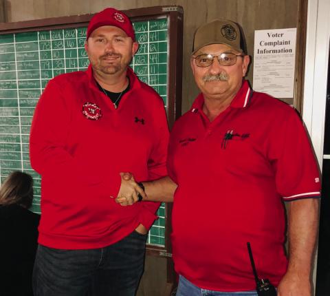 In the sole contest race in Collingsworth County, Pct. 1 Commissioner Farris Nation, right, retains his office by only six votes. Write-in candidate Justin Mixon congratulates Nation in the tight 193-187 final vote. The Red River Sun/Bev Odom