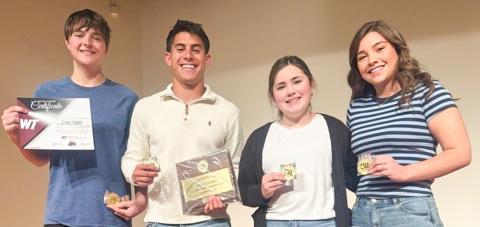 The Current Events and Issues team of Wellington High School (WHS) earns the championship at the 2A UIL Region 1 Academic Meet on Friday, April 24 at West Texas A&amp;M University in Canyon. From left: Dixon Dugan, Noah Cantu, Ava Peters, Treylea Wiebe. WELLINGTON HIGH SCHOOL