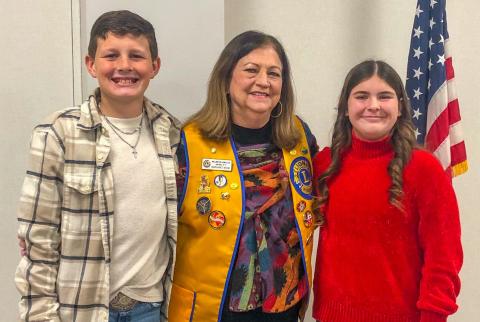 Wellington Lion Margret Wood welcomes program presenters Garrison Proffitt and Rachel Strickland to the Monday, Jan. 15 meeting of the Wellington Lions Club. The Red River Sun/Bev Odom