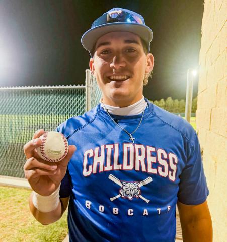 Childress’ Colton Teichelman hits a two-run homer in the first inning of game two against the Coahoma Bulldogs, as the Bobcats battled for the area championship Thursday, May 7 in Littlefield. CHILDRESS BOBCAT BOOSTERS