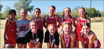 Lady Firecrackers claim the District Championship over six teams at the Shamrock Country Club Wednesday, Oct. 12. Taytum Kane placed second, Ceighley Killian fourth and Elli Ouellette ninth. Front, from left: Killian, Kane, Ouellette, Anna Henard. Back, from left: Ayz’lin Menefield, Maggie Tillman, Ingrid Granadoz, Ellie Thomas, Addi English, Maci Brewer. Courtesy Photo