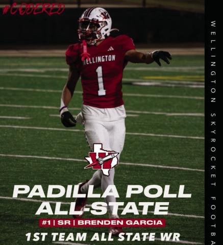 Wellington’s Brenden Garcia was recently named to the Padilla Poll Coaches 2024 All-State Team 2A DII as a First Team Wide Receiver, announced Wednesday, Jan. 29.