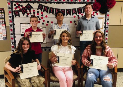 Daughters of the American Revolution present Wellington Junior High School Youth Citizenship Awards to open the Wellington Junior High School 2025 Awards Assembly at 10 a.m. Monday, May 12. From left: sixth-graders Tatum Martin and Radley Keys; seventh-graders Ava Inman and Angel Segovia; and eighth-graders Gannon Guy and Cix Killian.