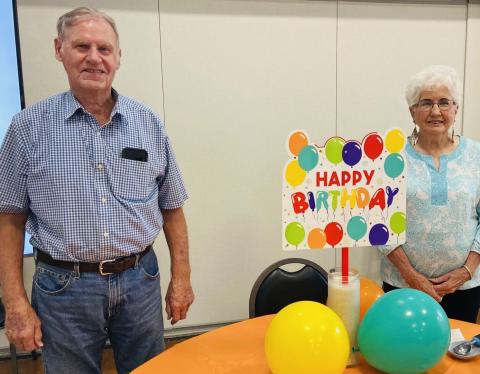 June birthday celebrants Adolf Schmidt and Glenna Fourmentin serve as guests of honor at the Wellington Senior Citizens Center (WSCC) luncheon on Wednesday, June 11. Birthday guests registered in the WSCC congregate meal program receive a free meal at the monthly birthday luncheon. Wellington Senior Citizens Center