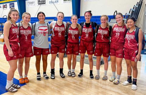 Varsity Lady Rockets Charley Wilbur, left, Harlee Gomez, Abby Garcia, Briley Waters, Kaitlin Bawcom, Lexi Benkley, Presley Kane, Audrey Jones and Leslie Orozco competed in the Lubbock Christian University Lady Chap basketball camp last week. Additional players attending from Wellington included Charlee Bodine, Addalyn English, Ingrid Granadoz, Ceighley Killian, Angela Lewis, Kaycee Martinez, Brynlee Phillips, Brynlee Proffitt, Ellie Thomas, Eryn Torrez and Treylea Wiebe. Courtesy Photo