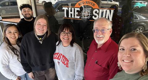 The Red River Sun employees Shauna Salinas and Synghyn Beasley-Vasquez with Managing Editor Elizabeth Tanner, The Clarendon Enterprise Advertising Manager Tara Allred and new owners Roger and Ashlee Estlack. The Clarendon Enterprise/Ashlee Estlack