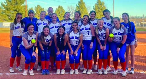 The Childress Lady Cats take a 13-3 win over the Slaton Tigerettes Monday, Feb. 24 in Childress. Courtesy Photo